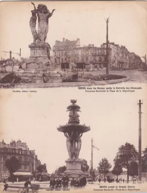 CPA 51 RARE carte double REIMS avant et après la guerre  Fontaine Batholdi et Ré