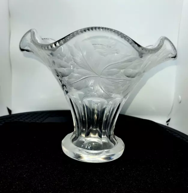 Libbey Cut And Etched Glass Dish/Vase With Floral Pattern  1906 Era Signature