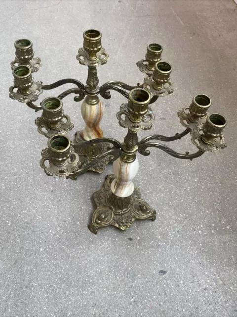 Two Vintage Gorgeous Brass Marble Ornate Candle Holder Candelabra Art Deco Italy