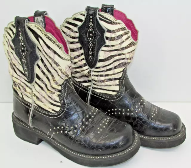 ARIAT FATBABY BLACK Leather Studded Zebra Cowboy Boots Womens Size 6.5 ...