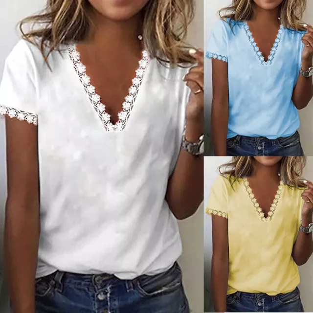 Womens Plain Lace Blouse Tee Ladies Summer Short Sleeve T Shirt Tops Plus Size