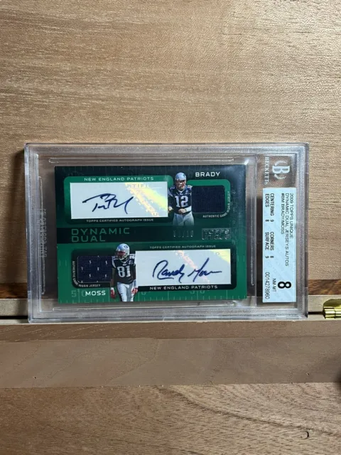 Tom Brady Randy Moss Topps Unique Duo Game Used Jersey Patch Auto #01/10 BGS 8