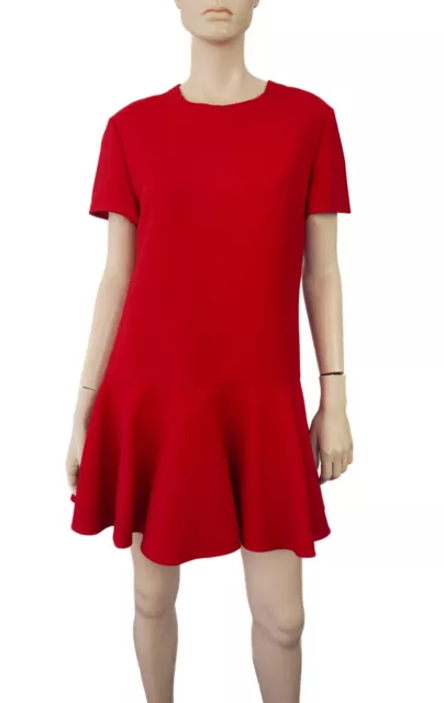 VALENTINO Short Sleeve Red Wool Silk Blend Ruffle Hem Mini Dress 44 US 8 NWT