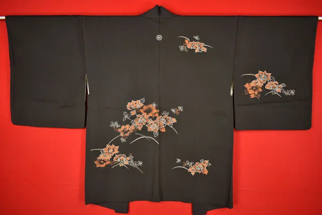 Vintage Japanese Kimono Silk Antique BORO Black HAORI Kusakizome Dyed/A455/620