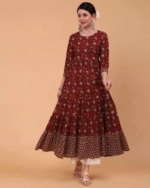 Indian Women Maroon Cotton Printed Flared Kurta Kurti A-Line Long Dress Tunic