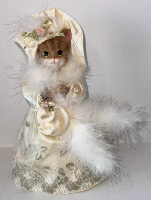 Victorian Anabel AVON CAT Kitten Figure Cream Satin Lace Dress w/ Feathers 10"