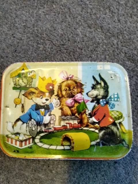 Thornes Toffee Tin, Vintage,Dogs Playing Train Set, Genuine Tin.