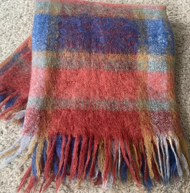 Ashley Scotland Multicolored Tartan Plaid Mohair Fringed Shawl Throw Lap Blanket