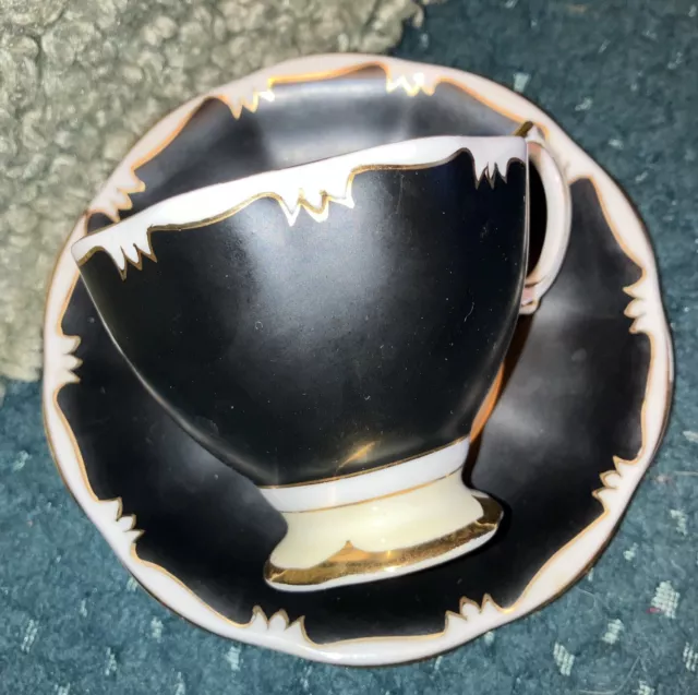 RARE 1920s ROYAL ALBERT  PRETTY  BLACK AND GOLD CHINA COFFEE CUP AND SAUCER