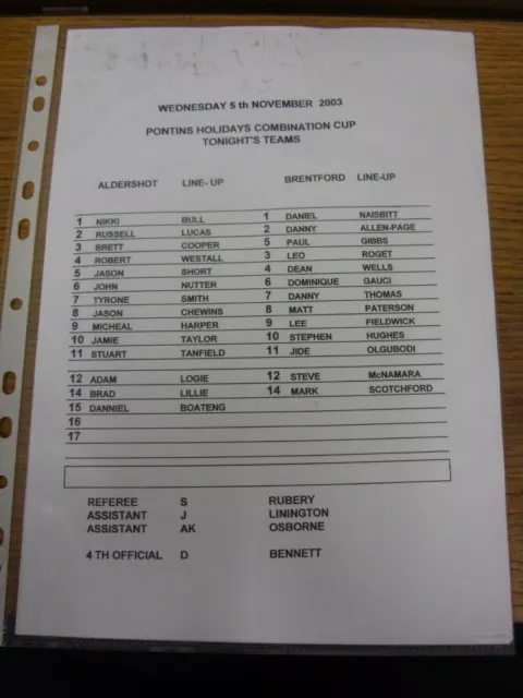 05/11/2003 Aldershot Reserves v Brentford Reserves [Combination Cup] (single she