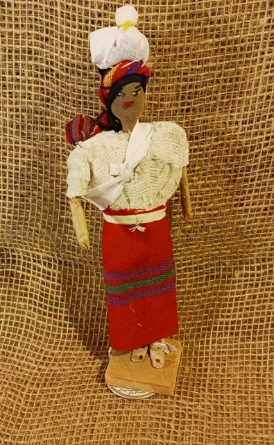 Vintage Guatemala Folk doll, Wood And Cloth: Woman and Baby, 8"