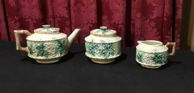 Antique Victorian Majolica Floral & Basket Weave 3 Piece Tea Set