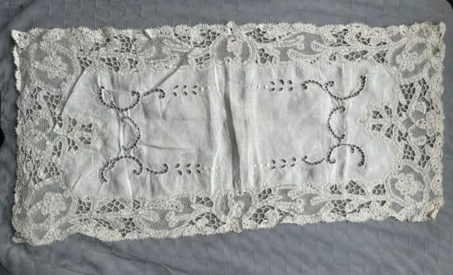 Gorgeous French Antique lace Doily - Hand embroidered w lacet lace edging 22"