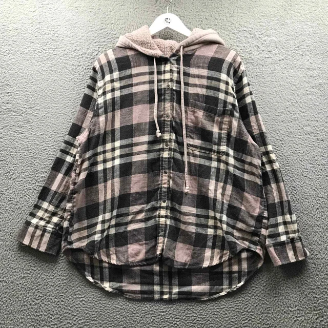 American Eagle Flannel Button Up Sherpa Hooded Shirt Women's XL Check Pink Gray