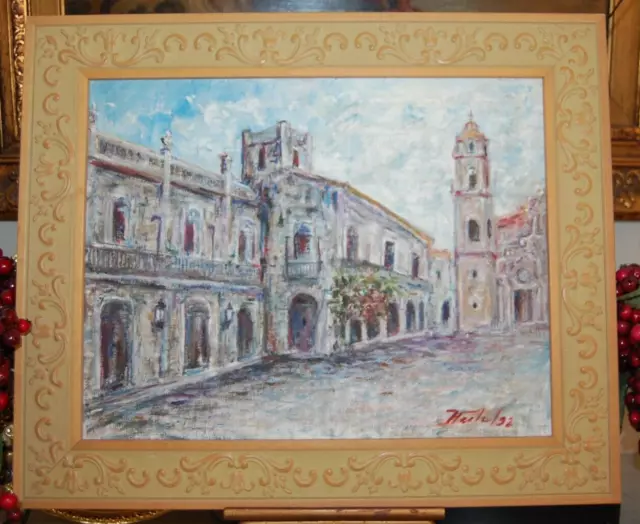 Framed Original Oil View Of Cathedral Plaza Havana, Cuba Artist: Hecto Vidal