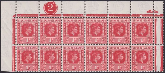 Leeward Islands 1942 KGVI 1d Carmine Plate 2 Corner Block of 12 Mint SG99c