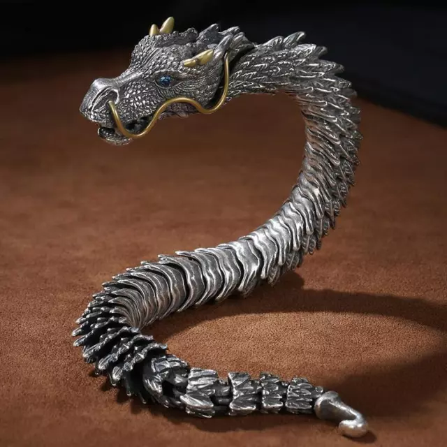 Men 925 Sterling Silver Vintage Dragon Bracelet Unique Lucky Gift Bangle Jewelry