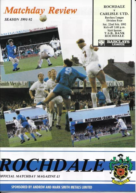 Rochdale V Carlisle United 22/2/92 Division 4 Match Day Programme