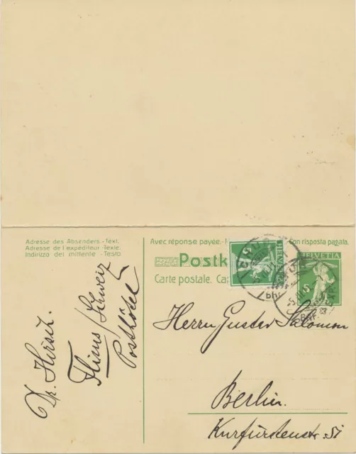 SCHWEIZ 1911 Tellknabe 5C+5C GA-Antwortkarte (Doppelkarte) von CHUR n. BERLIN