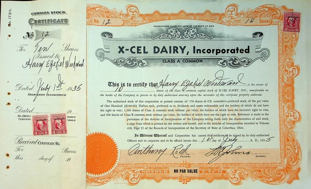 X-Cel Dairy Company Stock Certificate Bond Scripophilly Akron Ohio 1935 No 12 Y