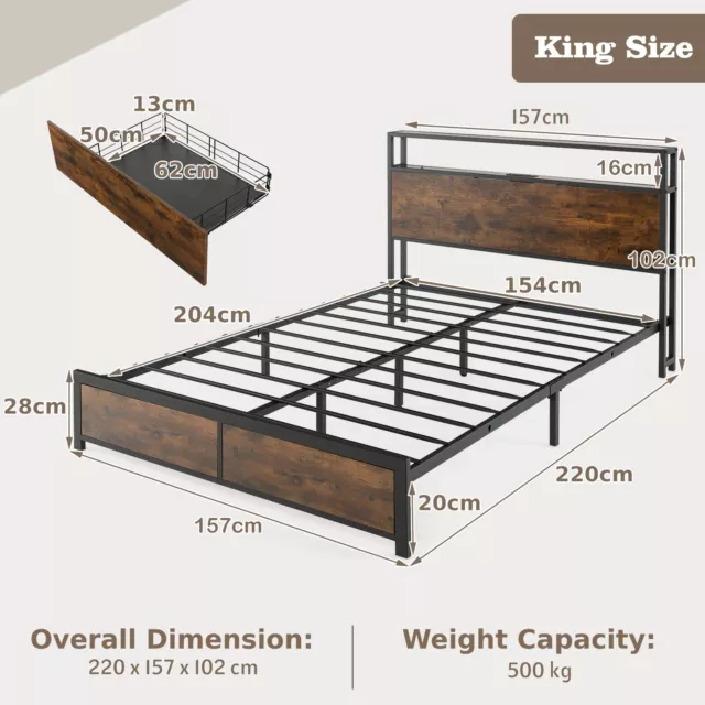King Size Bed Frame Metal Bed Platform LED Lights Headboard & 4 Storage Drawers 2