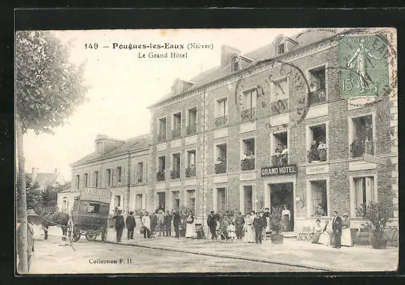 CPA Pougues-les-Eaux, Gäste vor dem Grand Hotel