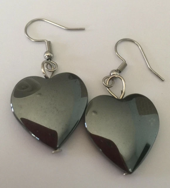 Boucles d'oreilles cœur Dangle, perles d'hématite synthétique non magnétiques, acier inoxydable