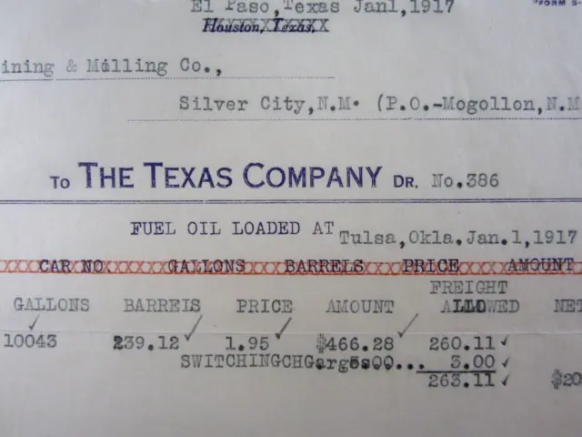 Vintage Texaco Oil Billhead Invoice The Texas Company 239 Barrels El Paso 1917