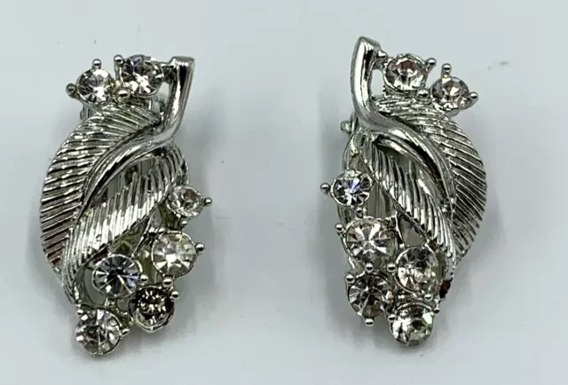 Vintage  Clip On Ear Rings Star Signed Silver Tone Clear Rhinestones Jewelry