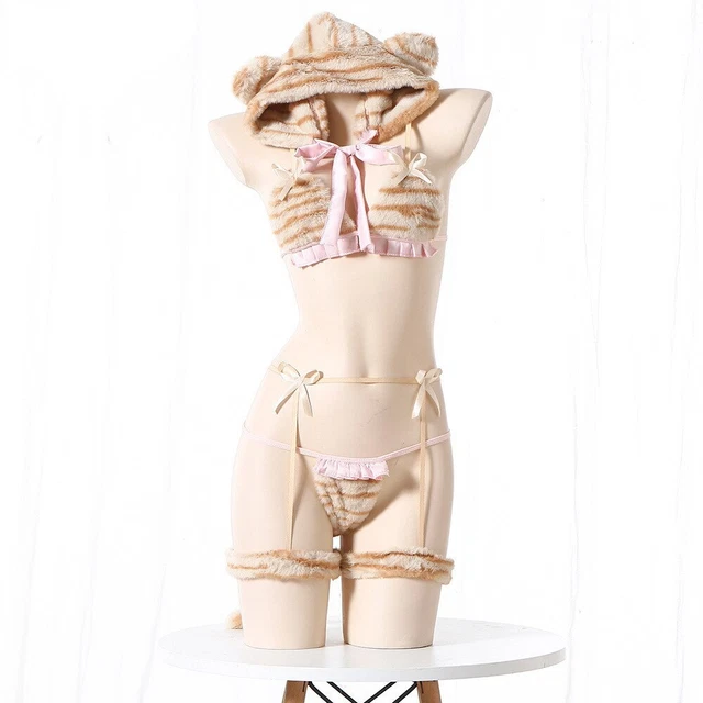 Girls Tiger Stripe Bikini Cosplay Sexy Sweatshirt Hat Bar Set Bandage Lingerie
