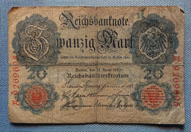 Old German Banknote Twenty Mark Berlin 21. April