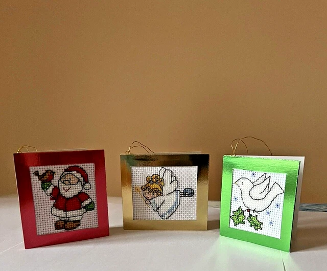 3 Handgefertigte Fertige Kreuzstiche Weihnachtsgeschenketiketten - 100 % Nowzad