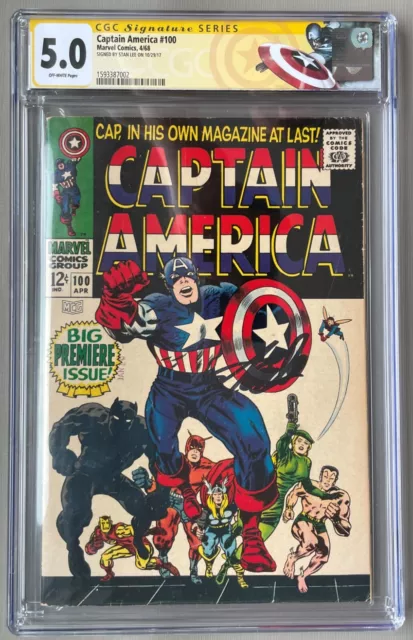 Captain America #100 - 1968 - CGC 5.0 - Custom SS Label - Signed by Stan Lee