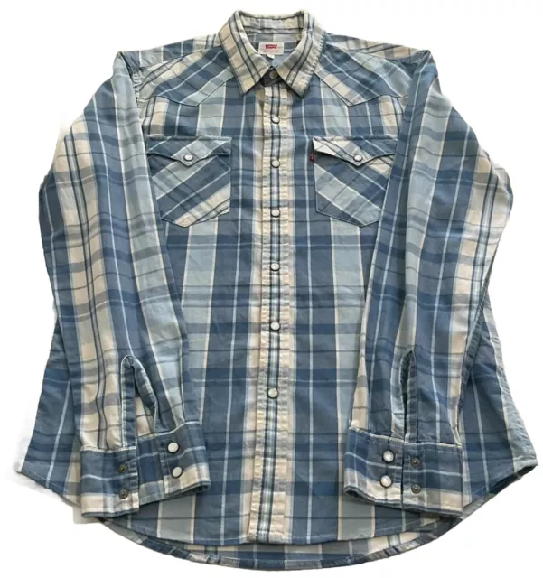 Levi’s Mens Long Sleeve Plaid Cowboy Shirt Size M Blue/White Pearl Snaps