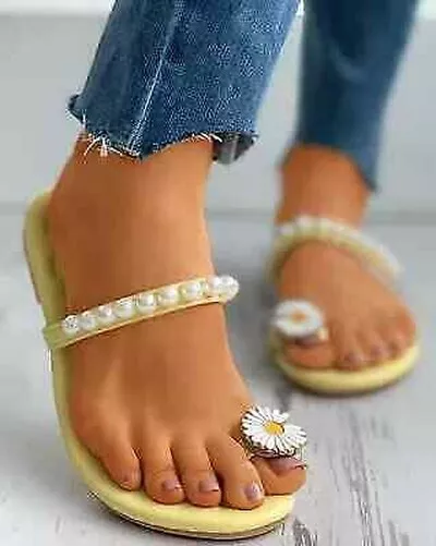 Sandales Chaussons Sabot Talon Bas Confortable Jaune Perles Cuir Artificiel 8062