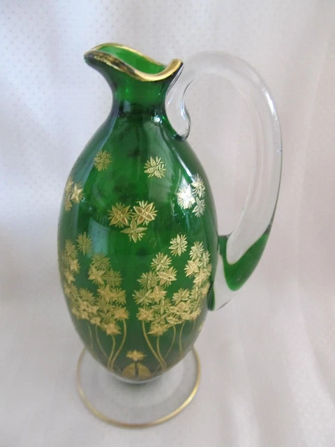 Piccola Caraffa Bottiglia Vaso Cristallo Verde Smaltato Oro Baccarat Cartapecora