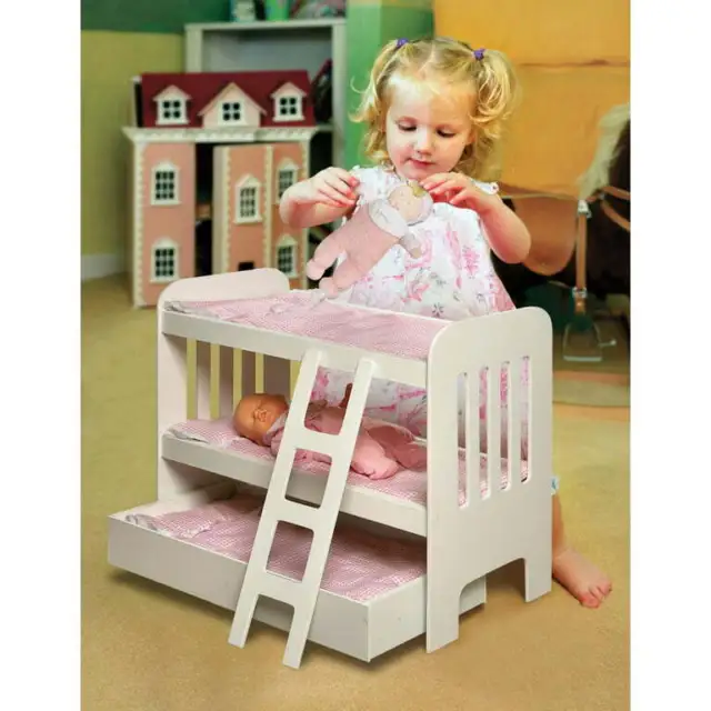 3-Tier Wooden 18 inch Doll Bunk Bed W/ Bedding Ladder Pretend Play Toy Furniture