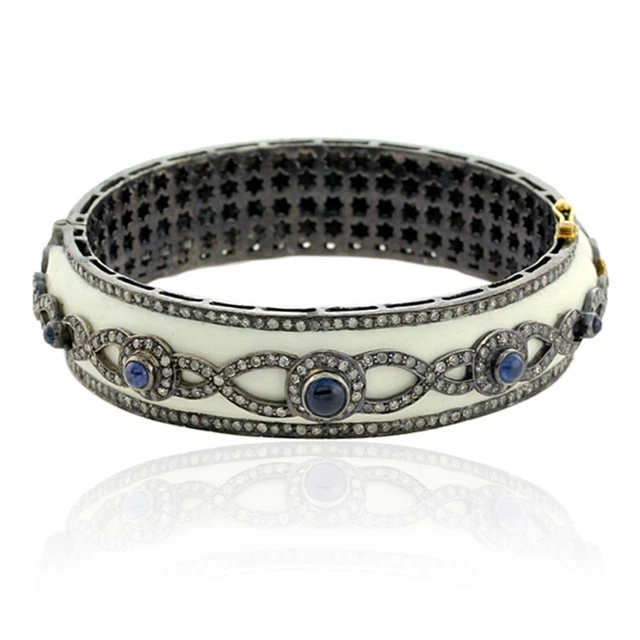 Natural Rosecut Diamond Sapphire 925 Sterling Silver Wedding Enamel Bangle