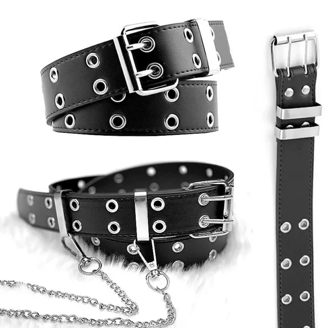 Gothic Double Grommet Holes Leather Belt 2-Row Studded For Womens Men Punk Belts