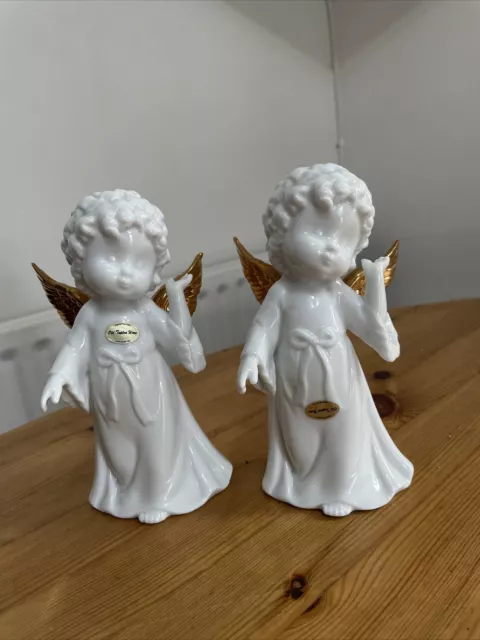 Old Tupton Ware Pair Of Angels/Cherubs White & Gold Hand Painted