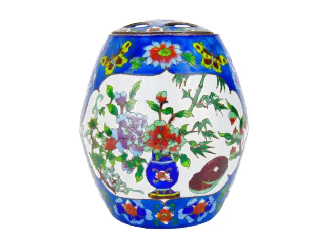 Vintage Chinese Cloisonné Lidded Pot / Jar Multicoloured Floral Enamel & Brass
