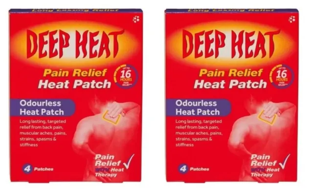 8 X Deep Heat Pain Relief 16 Hours Heat Patches Muscle Back Pads (2 X 4 Pads)