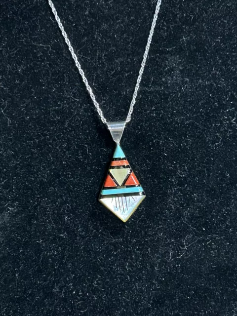 Vtg Signed Zuni CK Sterling Inlay Turquoise Coral Pendant Necklace 22”5.5g