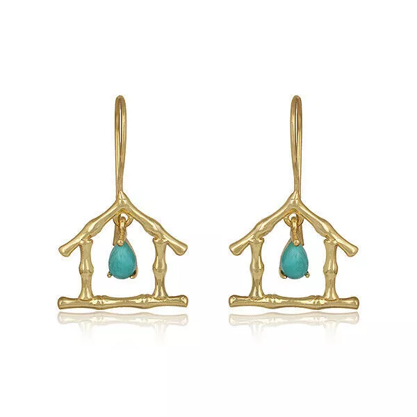Turquoise Bamboo Hut Design Earrings 925 Silver Gold Plated Adorable Jewelry