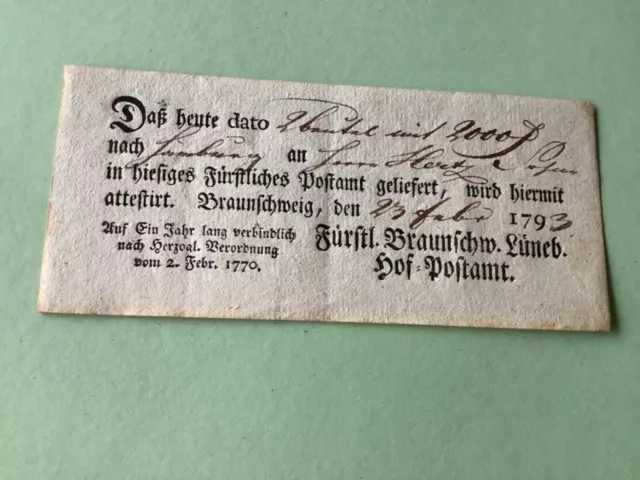 Braunschweig 1793 Prephilately postal note receipt Ref A1484