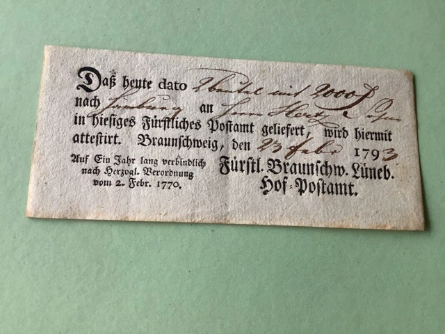 Braunschweig 1793 Prephilately postal note receipt Ref A1484