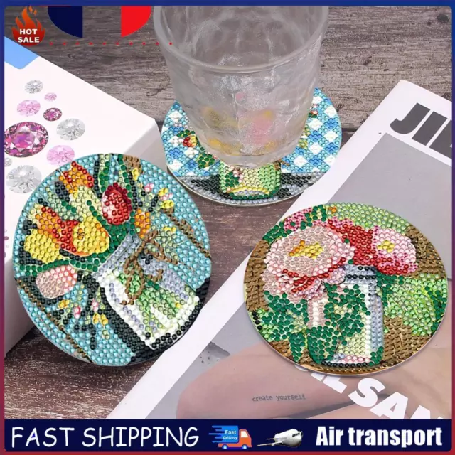 8PCS Diamond Painting Art Coasters Kits Round with Holder Special Shape Colorful