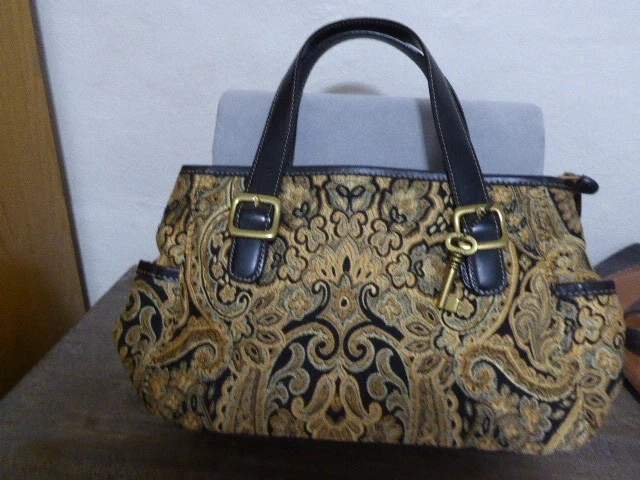  Fossil Faux Leather Tapestry Double Strap Shoulder Bag Dark Academia Retro