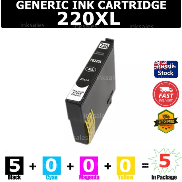 5x Generic 220XL 220 Black Ink Cartridge For Epson WF2660 WF2750 XP320 XP324