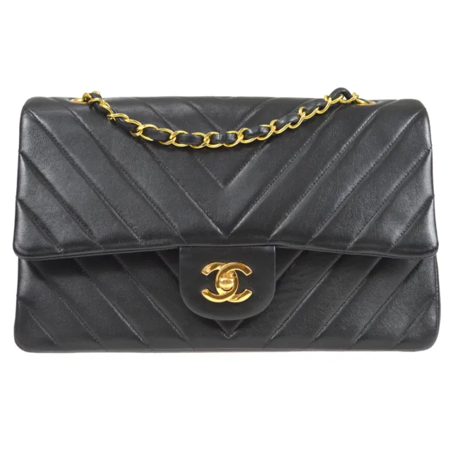 Chanel Chevron Flap Bag Black Lambskin Leather - Gold Hardware